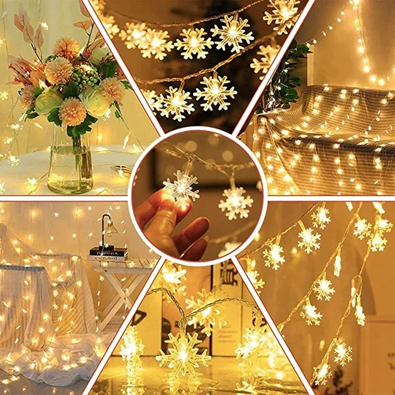 Impermeável Solar LED Snowflake Lights, Holiday String Lights, Fairy Light, Guirlanda de Natal, Jardim, Casamento, Decoração de Ano Novo