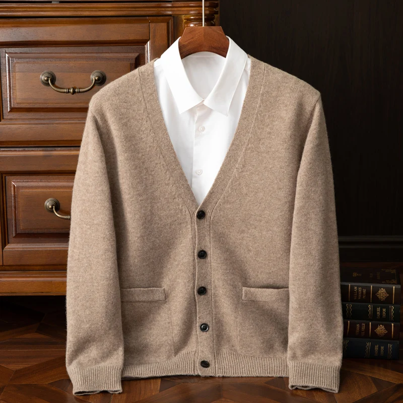 

Осень/зима 2022, новый мужской вязаный кардиган, свитер с v-образным вырезом, повседневная свободная куртка с длинными рукавами, мужской свитер из 100% австралийской шерсти