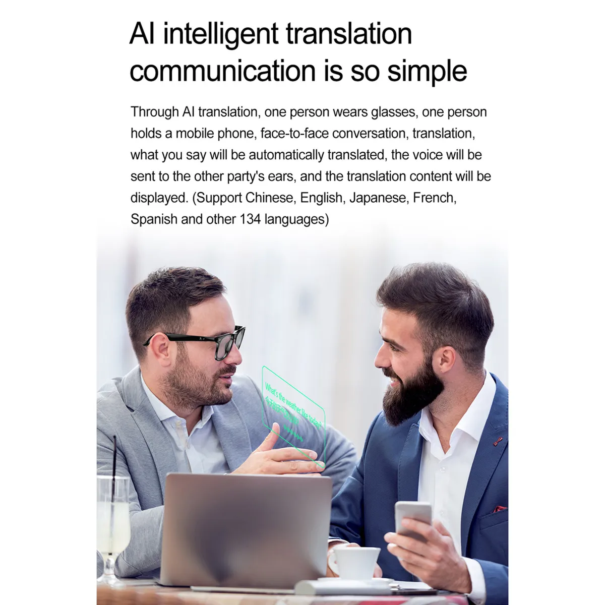 Óculos inteligentes tradutor ai + presente/conjunto suporte 134 idiomas tradução em tempo real receber chamada tradutor de idiomas óculos de sol