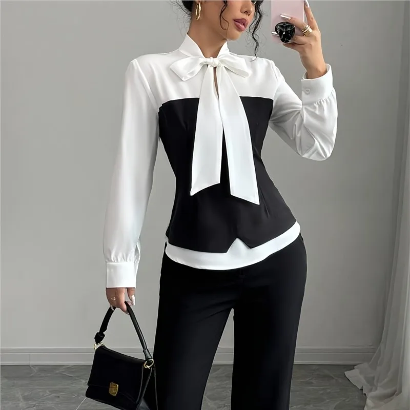 

Black And White Color-blocking Women Shirts & Blouses 2025 Autumn Elegant Long Sleeve Bow Ribbon Slim Fit Office Ladies Blouse
