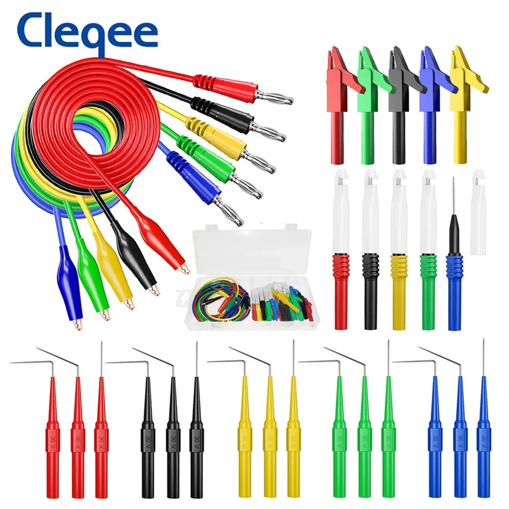 Cleqee P1920B 30PCS Test Leads Back Probe Kit 4mm Banana Plug to Alligator Clip Leads with Wire Piercing Probes Car Repairing