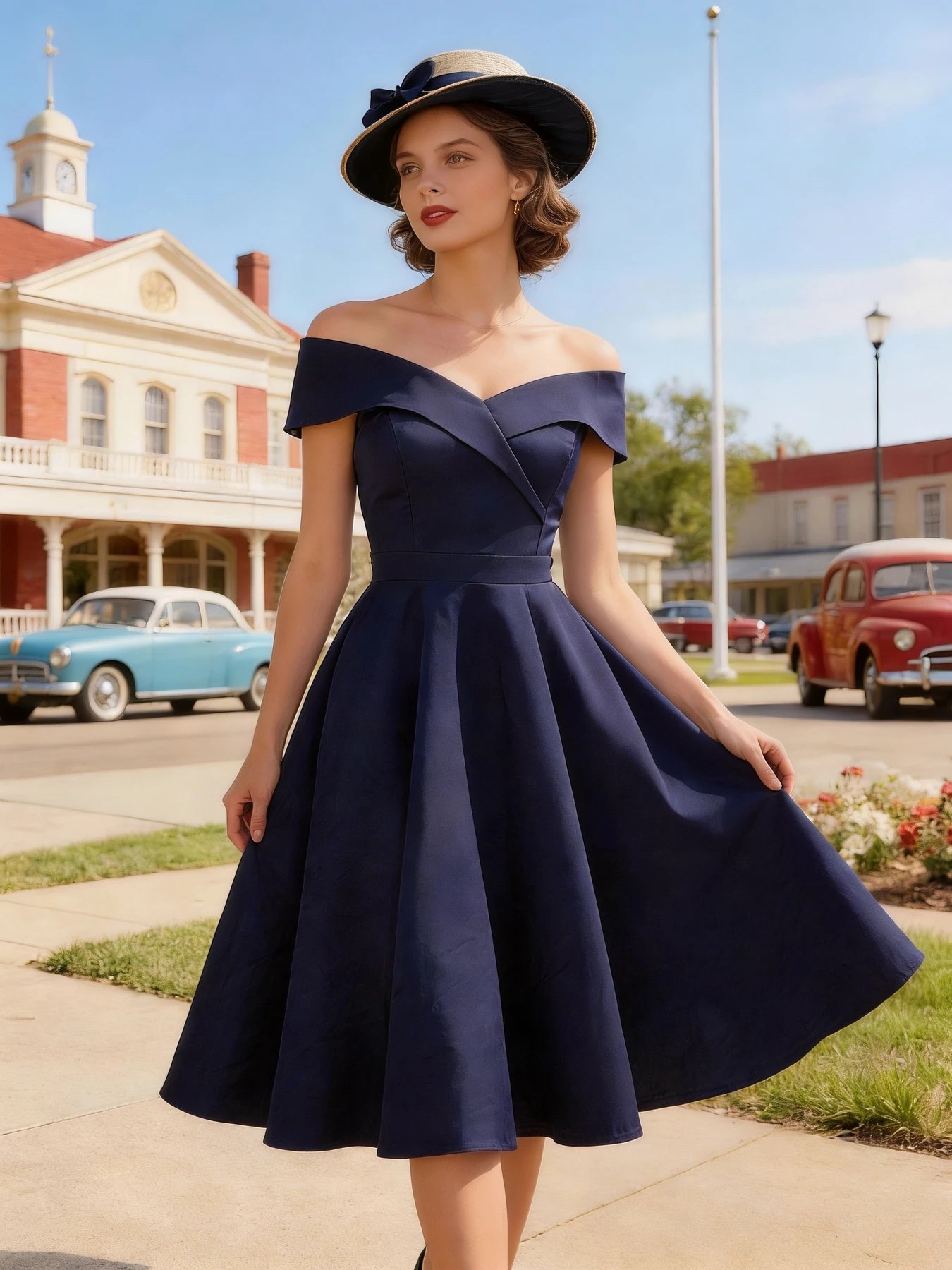 Tonval Vintage Off the Shoulder Party Seksowne wieczorowe sukienki urodzinowe Bal Eleganckie damskie dopasowane i rozszerzane bawełniane sukienki — zdjęcie 3