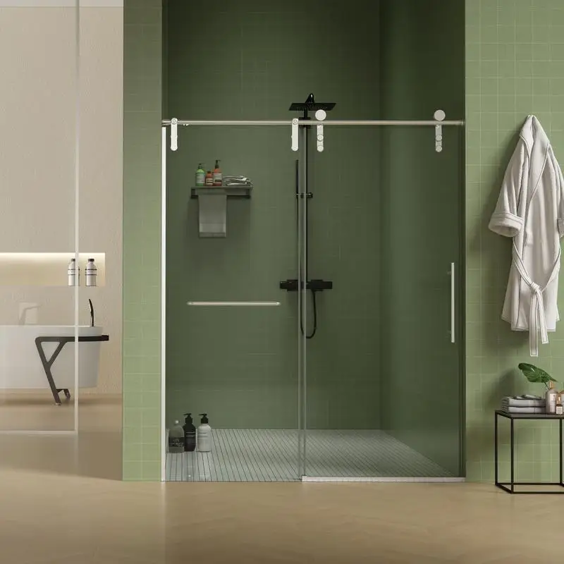 

Frameless Sliding Shower Door 56"-60"W x 76"H, 5/16" (8mm) Thick Tempered Glass, Towel Bar, Easy Clean Coating, Brushed Nickel