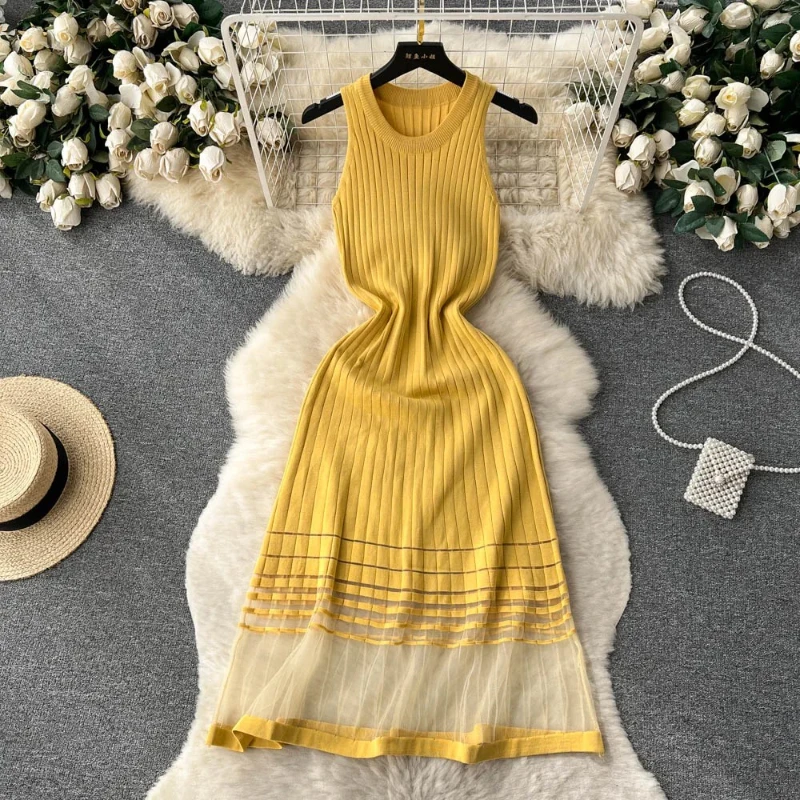 Fashion Patchwork Knitted Long Sundress Women Sleeveless Mesh Elastic Bodycon Dress Streetwear A Line Midi Dress Fashion New