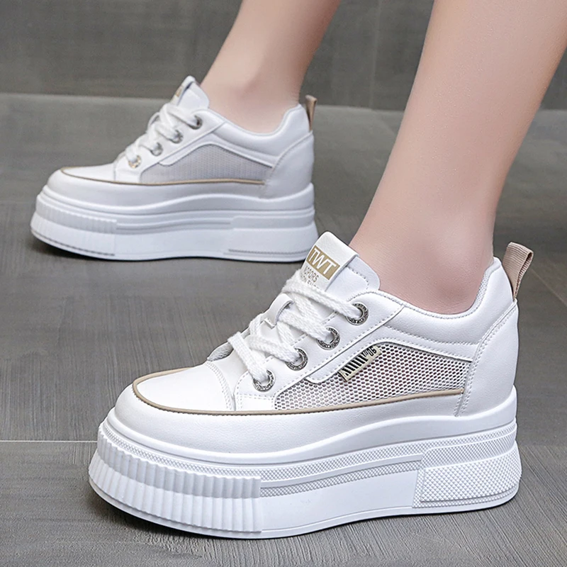 Sepatu Platform Sneakers wanita, sepatu olahraga tenis kasual luar ruangan bertali bersirkulasi modis kualitas tinggi 35-40