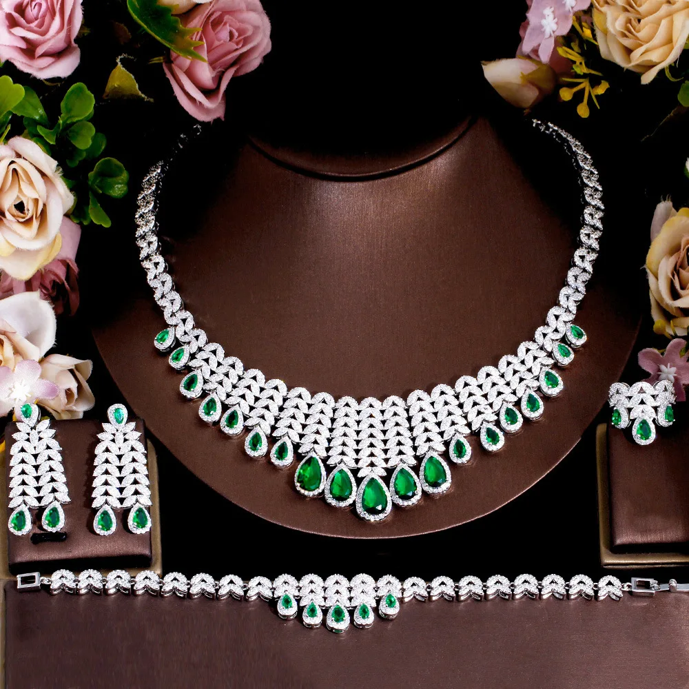 Luxury Chunky Cubic Zircon Leaf Fringed Green Crystal Necklace Earrings Bracelet Ring Women Wedding Bridal Statement Jewelry Set