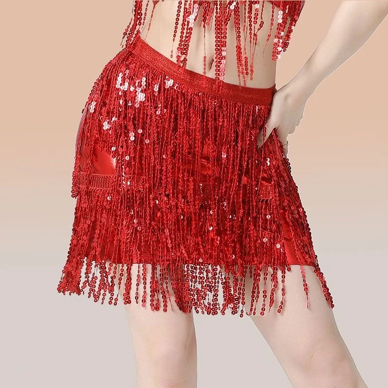 Gonna da donna con nappe scintillanti per danza del ventre latina, tinta unita, vita media, dimagrante, ballerino indiano, abito da spettacolo teatrale