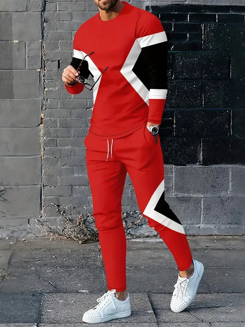 

The new men's round-neck sweatshirt set for Spring and Autumn 2025 features a casual and comfortable 3D striped pattern print