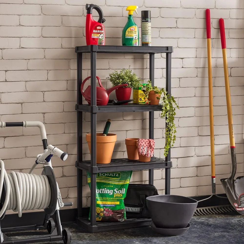 

4-Shelf Heavy Duty Plastic Storage Shelves, 160lb Capacity, for Garage, Home, Bathroom & Laundry, Storage Rack Black