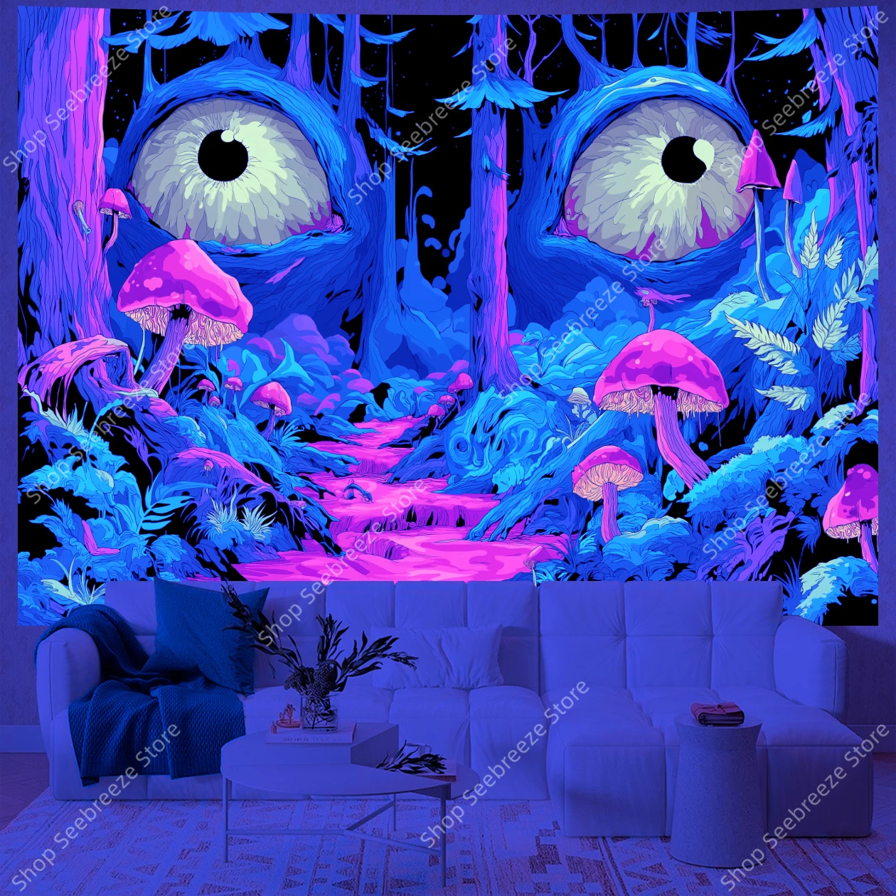 Psychedelic Forest UV Tapestry Mystical Eye Tree and Pink Mushroom Path Bohemian Wall Art for Bedroom Living Room Decor