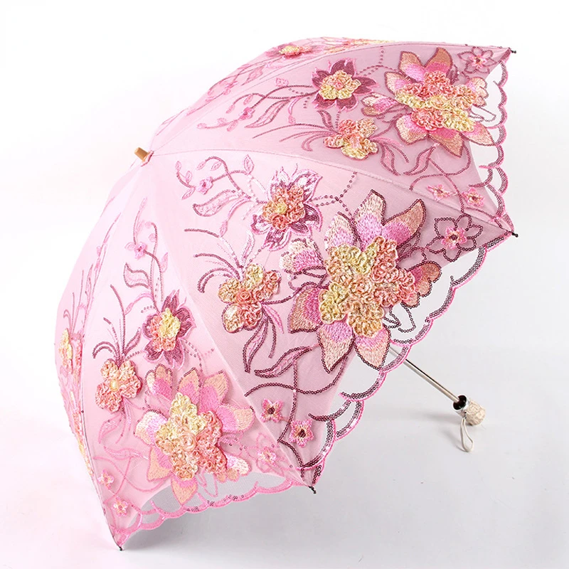 Embroidered Sun Umbrella for Women, UV Protection, Black Glue Sunny Shading, Lace Embroidery, Princess, Double Layer, High Grade