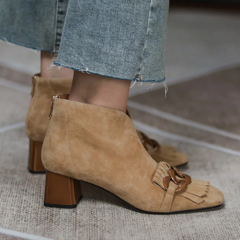 NEW Women Boots Sheep Suade Round Toe Square Heel Mid-Heel Ankle Boots Fringed Zipper Fashion Solid Office Lady Shoes Plus Size