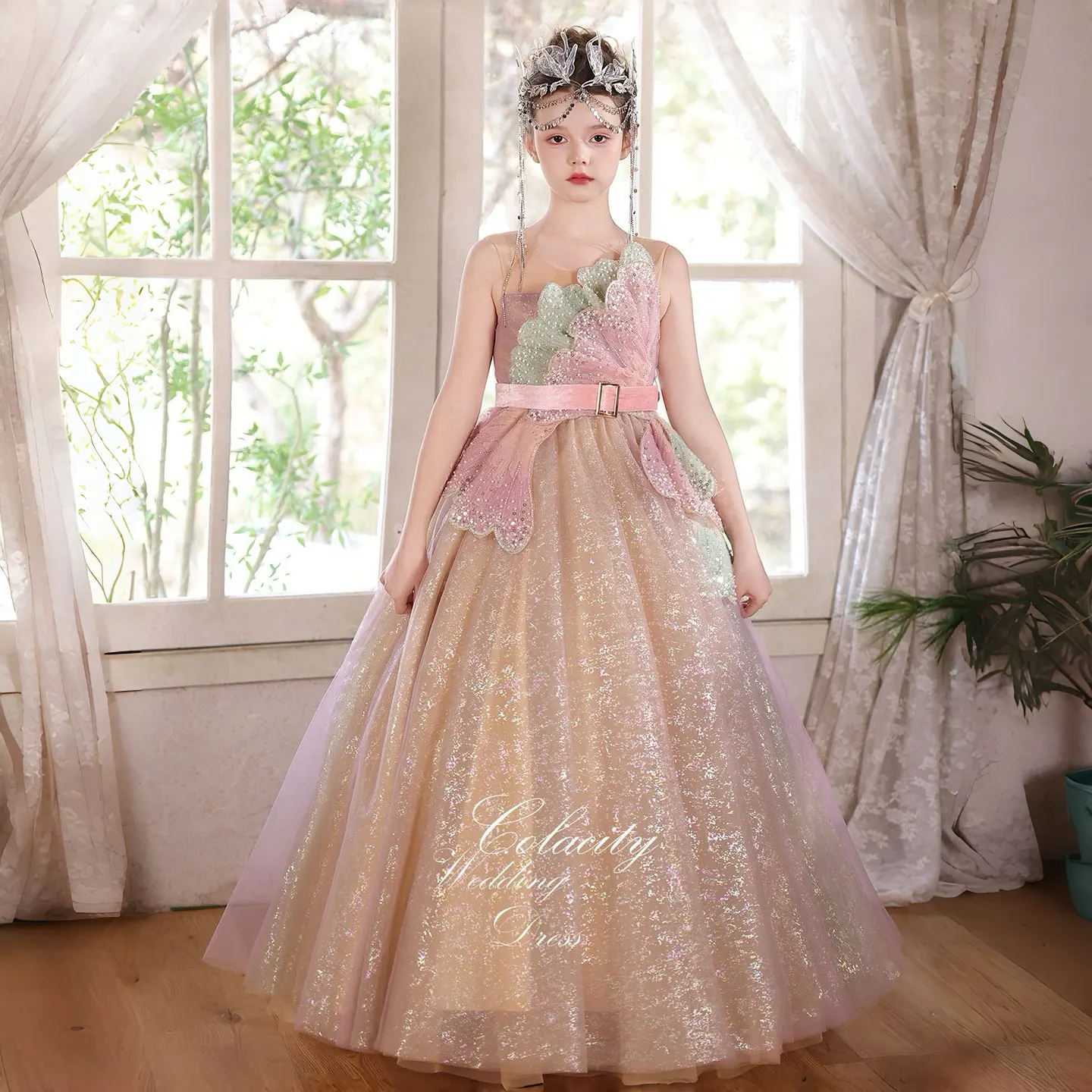 Jill Wish J005 Luxury Pink Glitter Flower Girl Dress Princess Ball Gown for Wedding Birthday Party Pageant Formal Dress for Kids