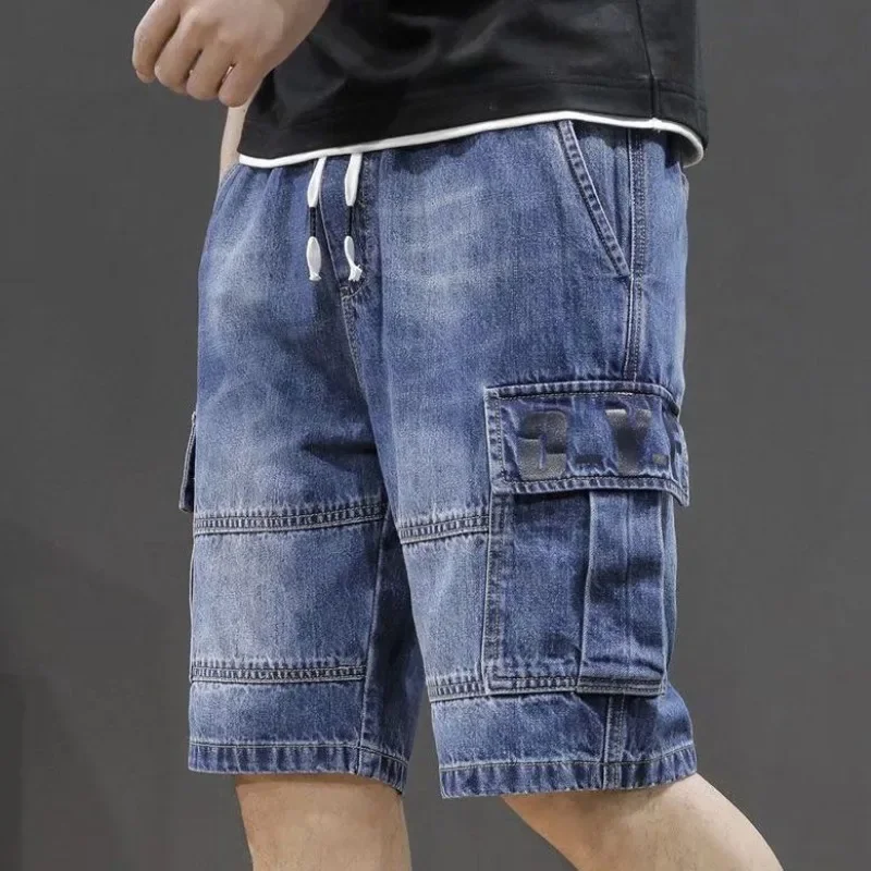 Male Denim Shorts Straight Baggy with Text Loose Men\'s Short Jeans Pants Wide Trend 2024 Summer Xxxl Sale Thin Cut Buttons Blue