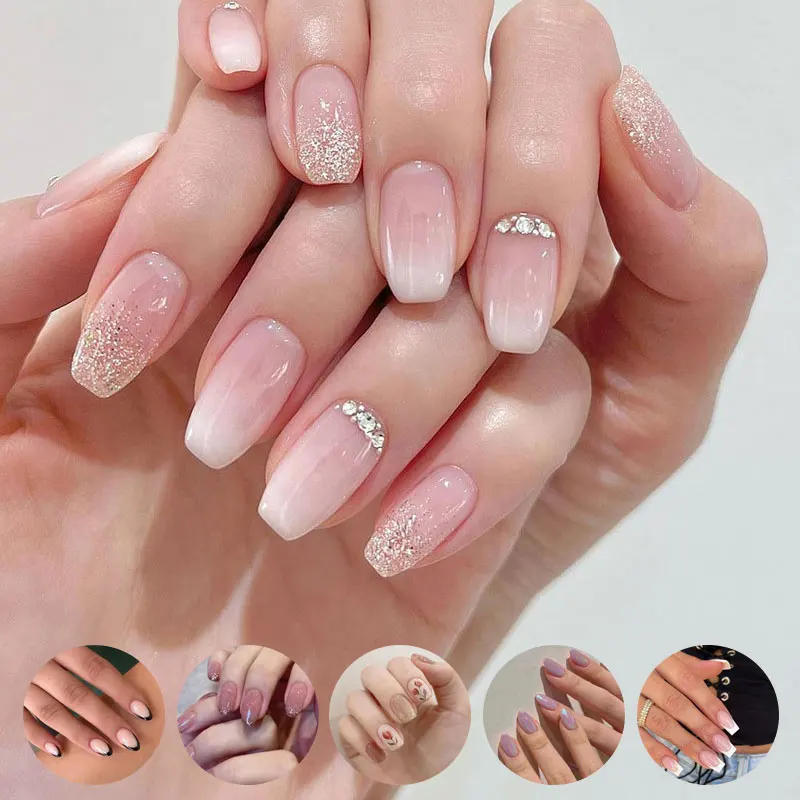 Nadający się do noszenia manicure, rozmazany gradient brązujący, naklejki retro, uroczy manicure z kreskówek, sztuczne paznokcie