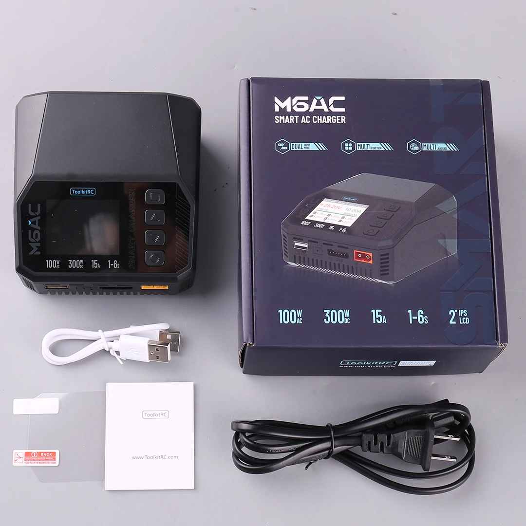

ToolkitRC M6AC 300W 15A Dual Input Multi-function Battery Charger IPS LCD Display For 1-6S Lipo LiHV LiFe, 1-16S NiMH Battery