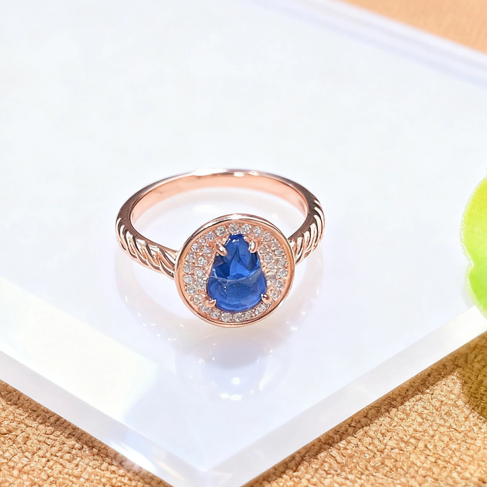 

Adjustable Double Ring Blue Amber Ring for Women Sterling Silver Rose Gold Plated with Crystal Gift for Her Valentine Love