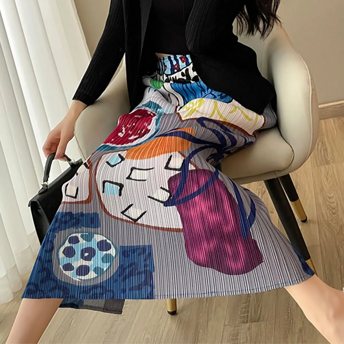 Skirts Women Printing Vintage Folds Summer Personality High Waist All-match Fashion Ulzzang Vacation Casual Korean Style