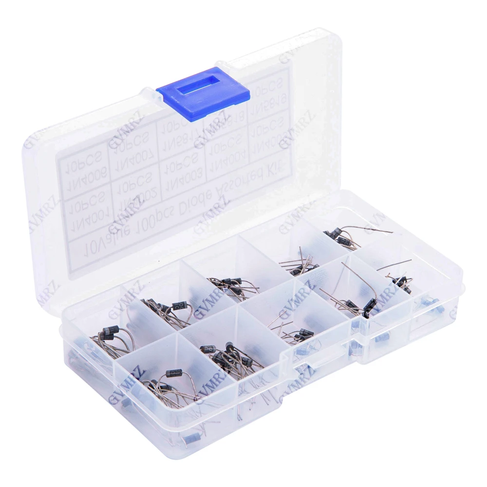 100Pcs 10 Values Rectifier Diode Assorted Kit 1N4001 1N4002 1N4003 1N4004 1N4005 1N4006 1N4007 with Box 1N5817 1N5818 1N5819