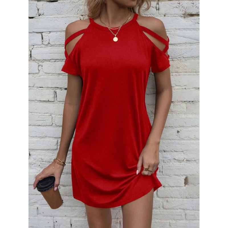 

2025Spring Summer New Women's Loose Casual Sexy Off-Shoulder Knitted Short SleeveminiDress