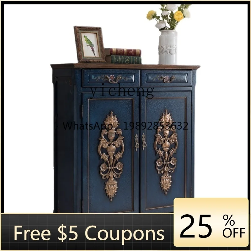 

ZZ Zf Vintage Shoe Cabinet Solid Wood Small Narrow Door Small Apartment Storage Cabinet Locker Distressed Antique Carved