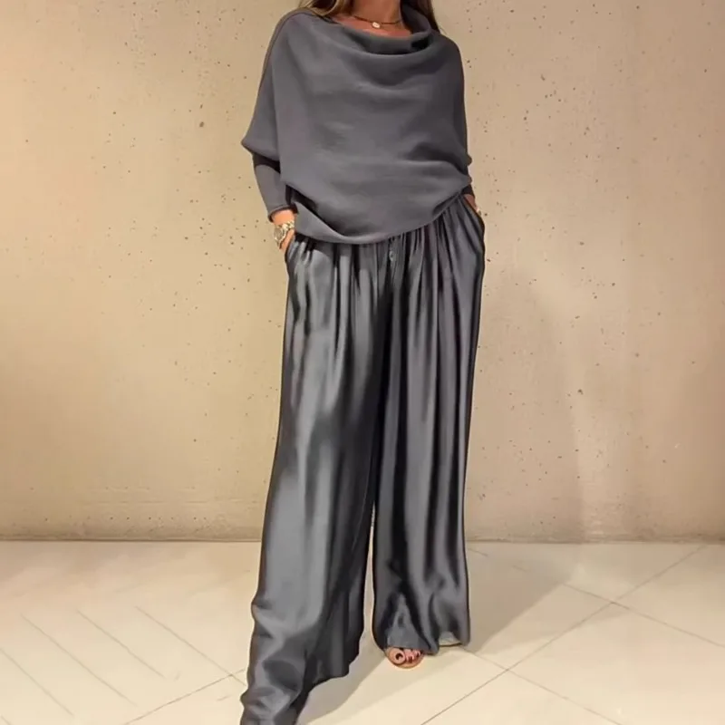 

Women's Elegant Off-Shoulder Two-Piece Set Satin Top Wide Leg Pants