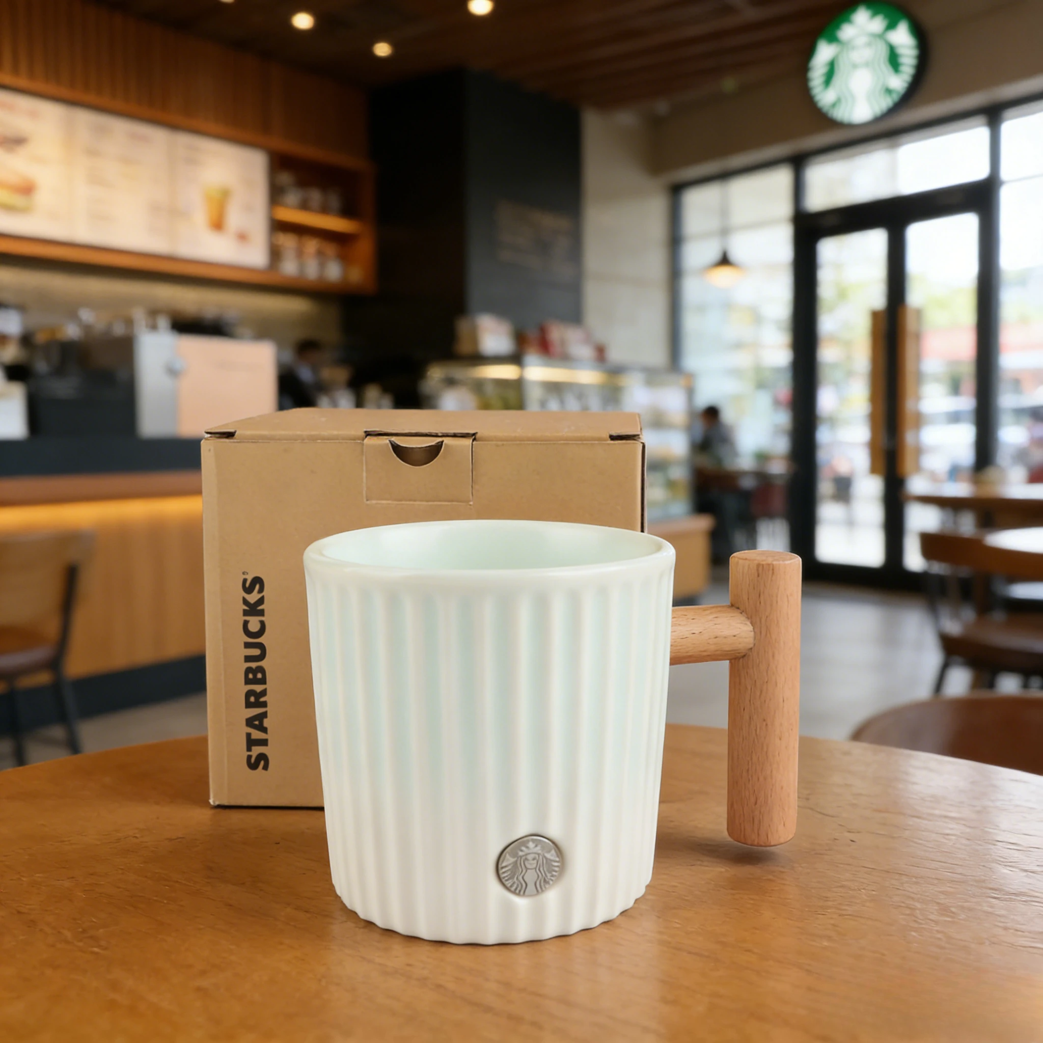 

Starbucks Mint Green Vertical Stripe Mug Wood Handle Ceramic Cup Perfect Holiday Gift