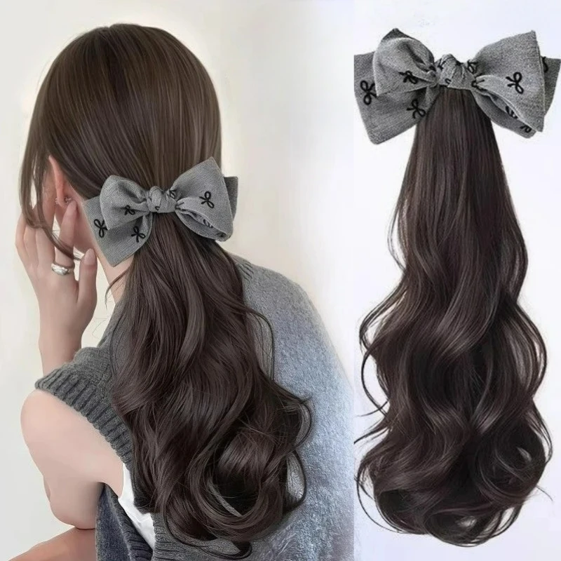 16Inch Synthetic Long Curly Wavy Ponytail With Grace Cloth Butterfly Knot Claw Clips Ponytail Hairpieces for Women Daily Use