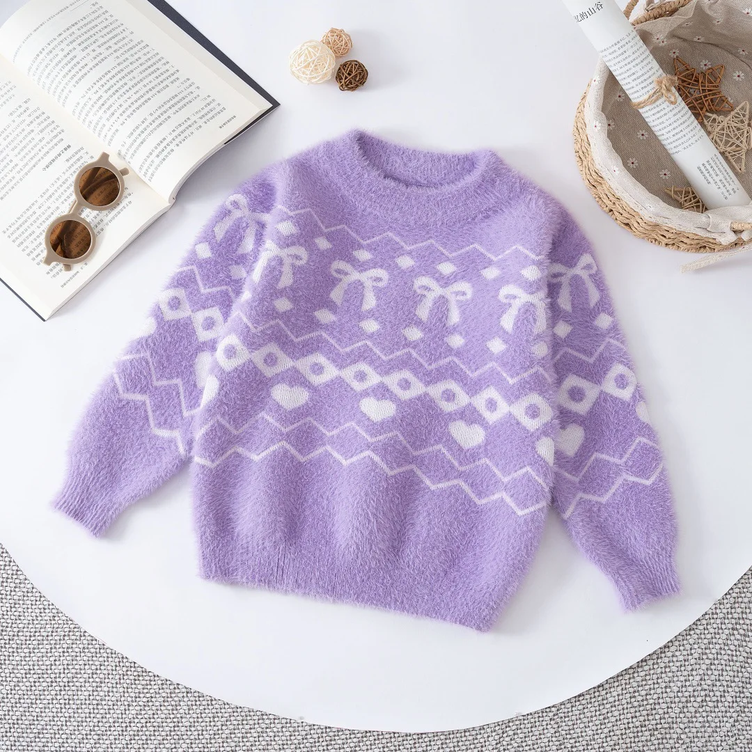 Bow Knot Kids Sweater 2026 Fall Winter New Bow Knot Round Neck Thick Girls Sweater Girls Wear Warm Fashion