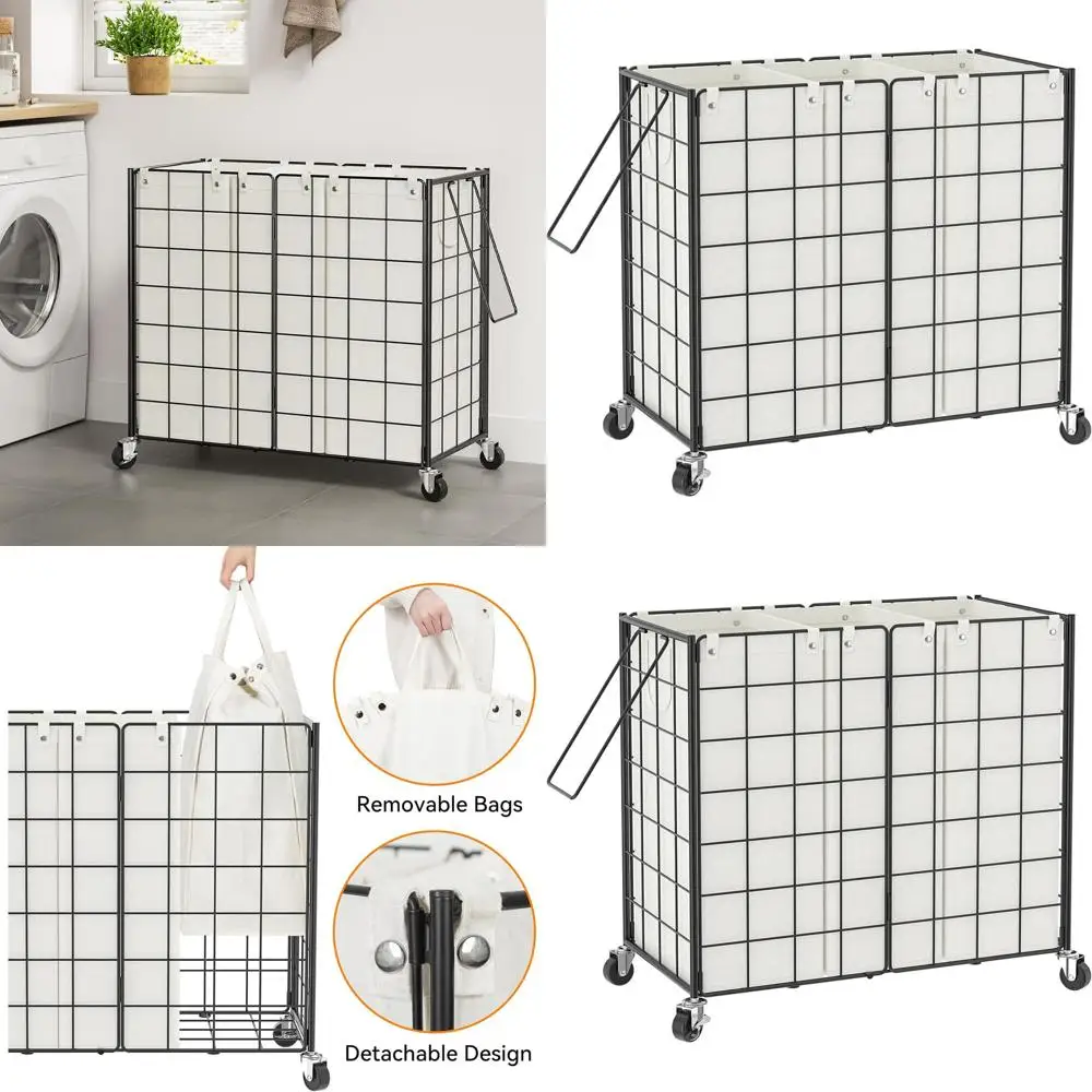 

3-секционная металлическая корзина для белья на колесиках со съемными сумками, вместимость 150 л, идеально подходит для общежитий и домашнего хранения черного и белого цвета.