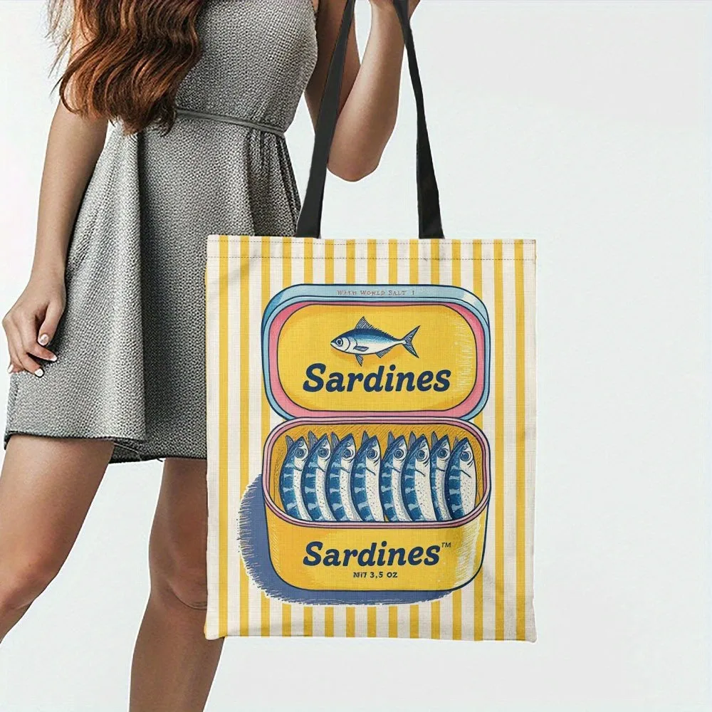 

1 шт., большая сумка-канистра с изображением сардина, стильная женская сумка для покупок с ярким рыбным дизайном, прочная большая сумка из полиэстера с сардина
