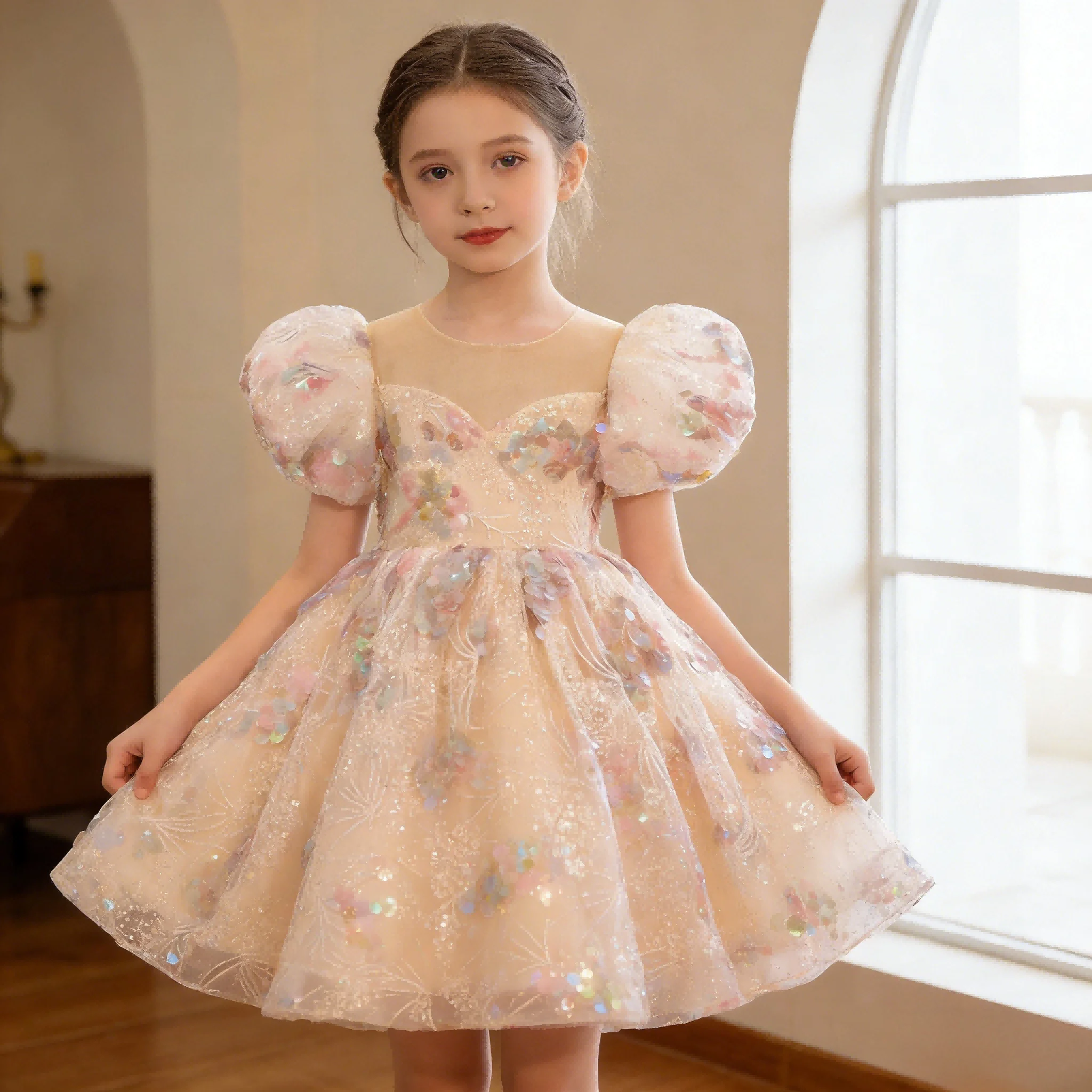 Children Evening Dress for Girls 1-12 Years KidsGownFormal Birthday Party Fluffy Ball  WeddingLace Vintage dress Prom