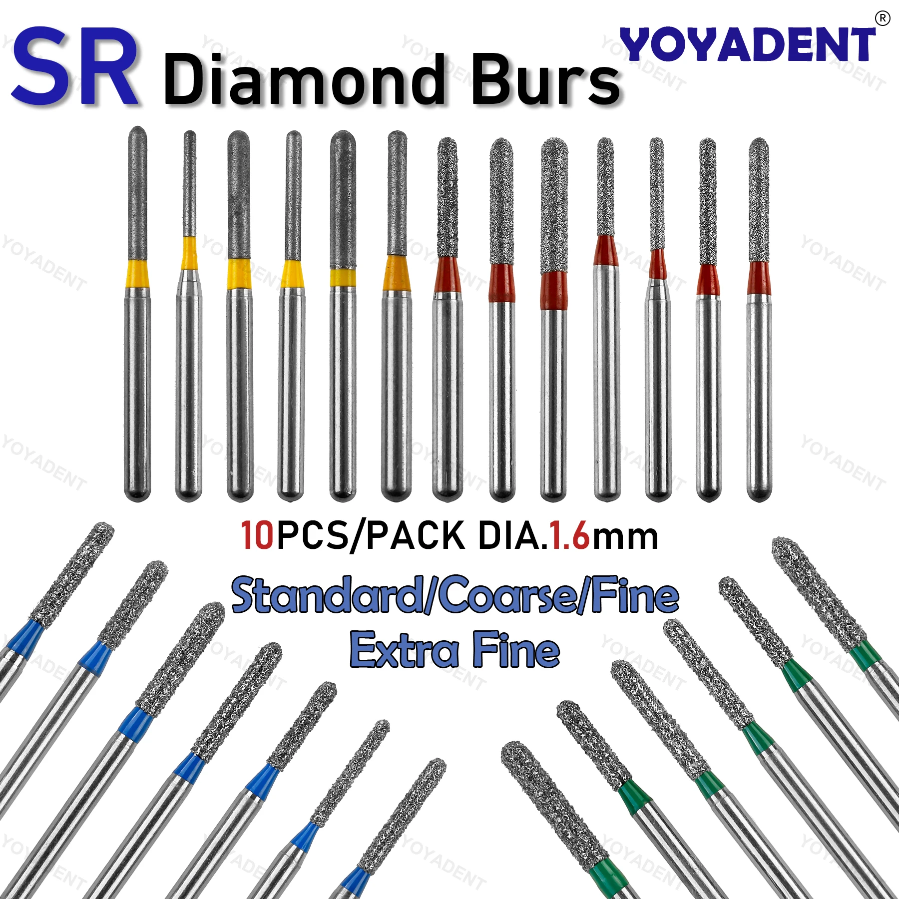 Dental Burs SR Type Diamond Burs Standard/Coarse/Extra Fine/Fine Polishing Tools For High Speed Handpieces Dia.1.6mm 10Pcs/Pack
