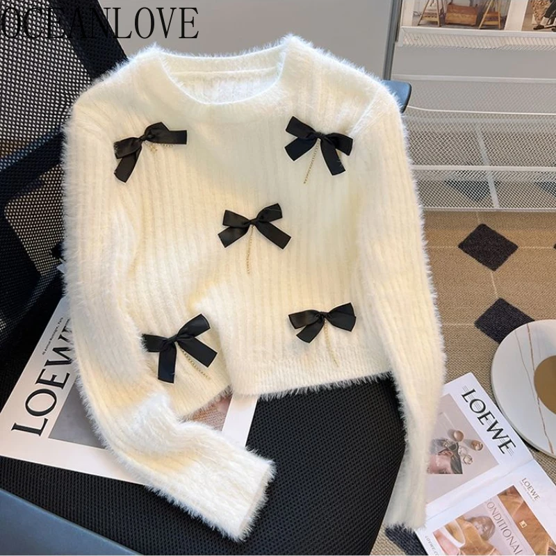 OCEANLOVE Y2k Bows Sweet Women Sweaters Autumn Winter Soft Elegant Short Pullovers Korean Fashion Solid Pull Femme Tops