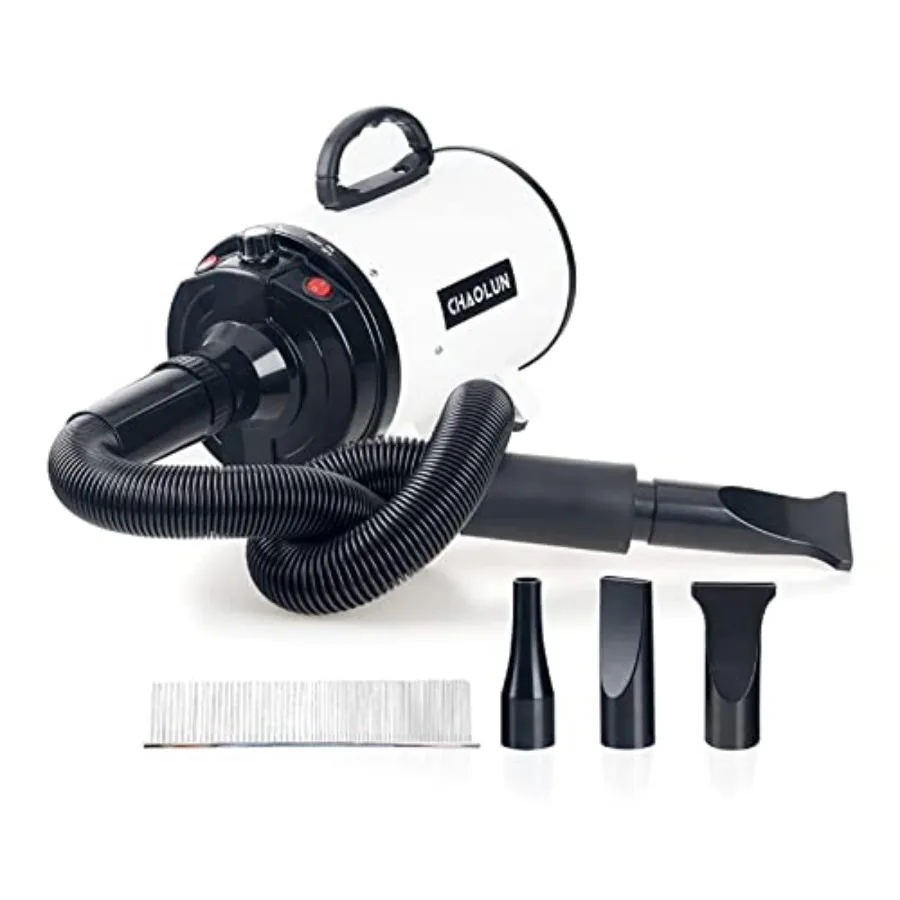 

Dog Dryer for Pet Grooming High Velocity Pet Hair Dryer with Heater Adjustable Speed 3 Nozzles and a Comb White