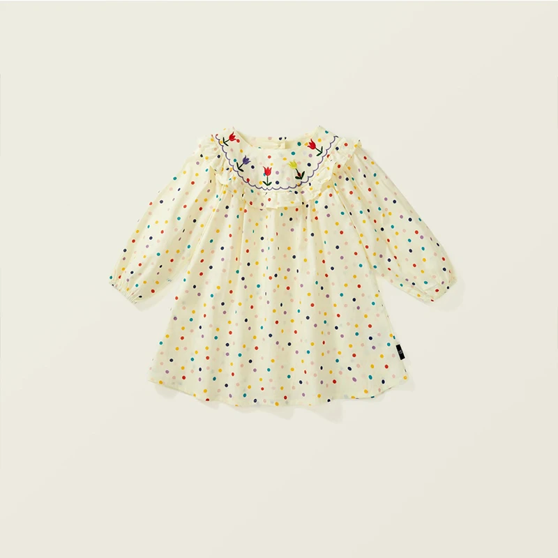 

Korean Style Autumn Cotton New One Piece Long Sleeve A-Line Skirt Cute Color Dots Elegant Dress Clothes Girls From 3 To 8 Years