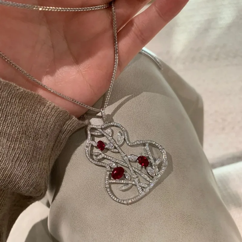 

Exquisite ruby gourd necklace light luxury High quality Chinese style fashion silver 925 bamboo collar chain wedding jewelry