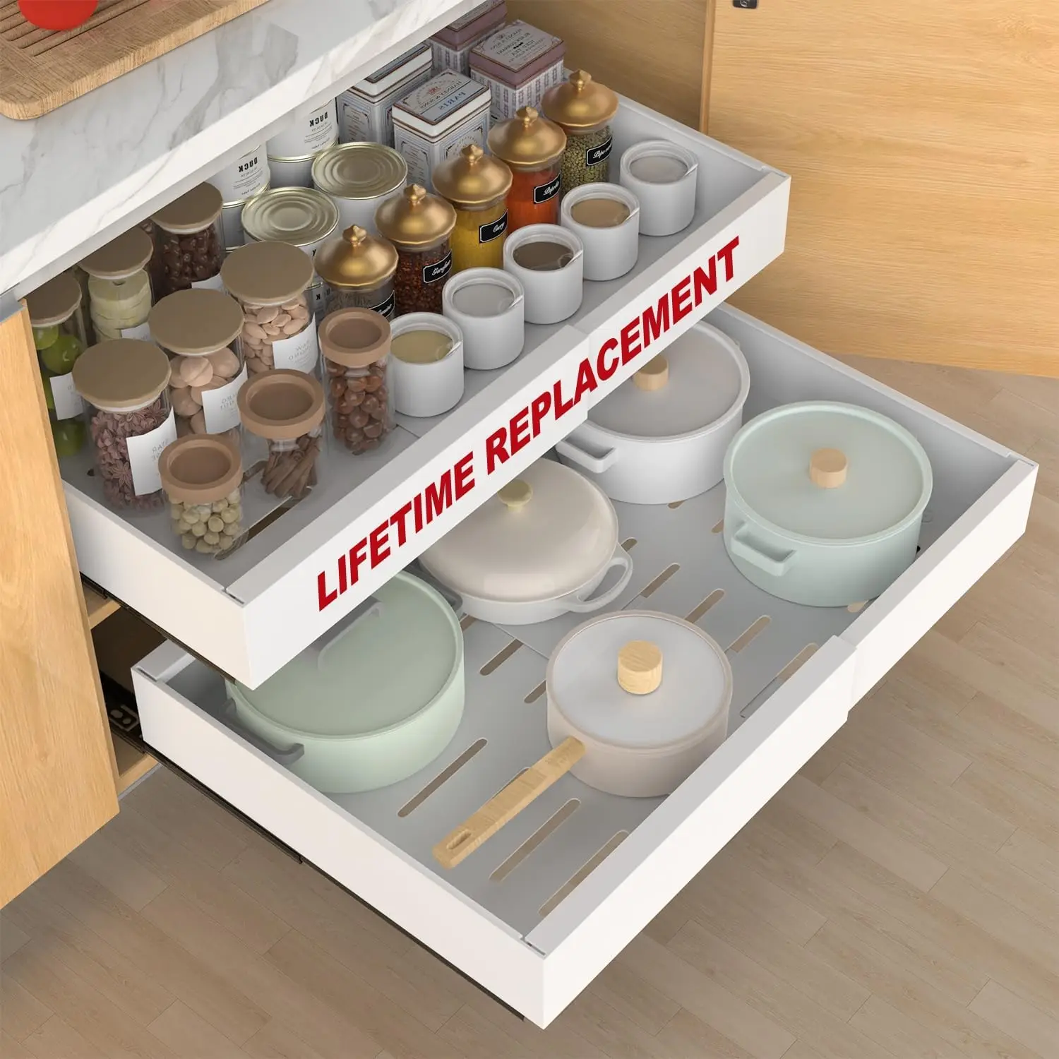 

2-Pack Expandable Pull Out Cabinet Organizer 21"Deep(12.2"-20.5"W), 3 Full Extension Glides Slide Out Drawers, Roll Out Shelv