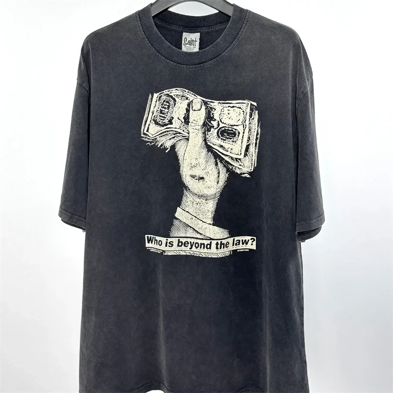 

Printing Saint T-Shirts Streetwear Oversized Men Women Vintage Washed Black T Shirt Tee Tops