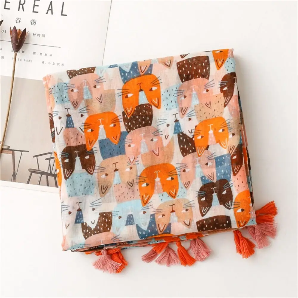 

All-match Long Cat Pattern Tassel Scarf Bohemian Large Printed Silk Scarf Cartoon Thin Ethnic Style Wrap Spring/Summer