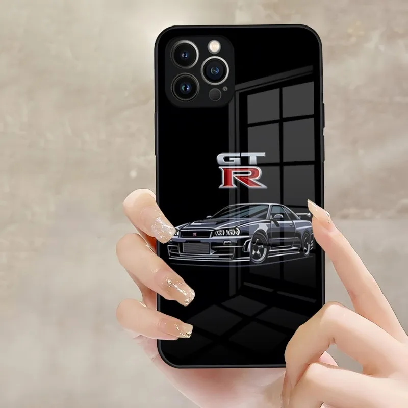 Racing GTR Sports Car Phone Case Luxury Design Glass For IPhone 14 Pro 12 11 13 Mini X XR XS Max 8 7 6 Plus SE Back Cover