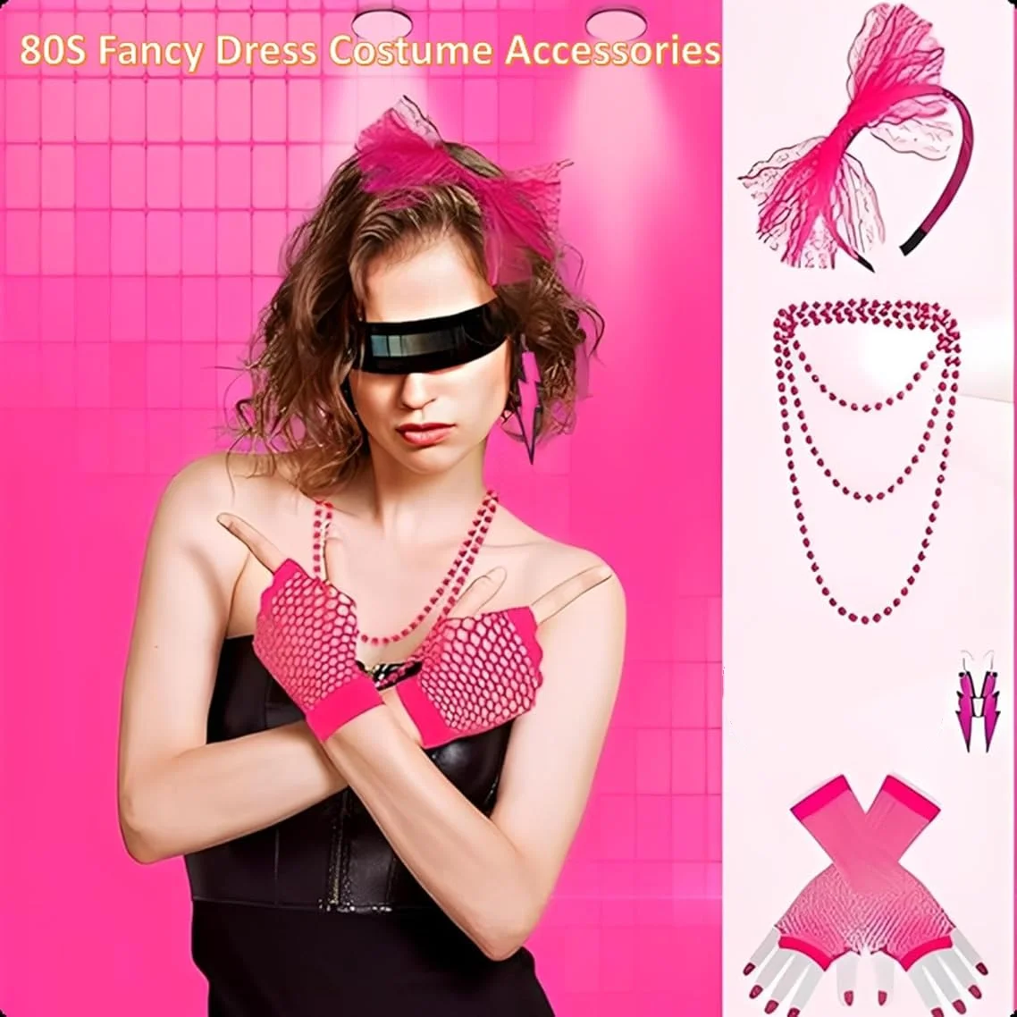 

Комплект аксессуаров для костюма на Хэллоуин в стиле 80-х: кружевная повязка на голову, неоновые серьги, перчатки-сетка без пальцев, женская одежда