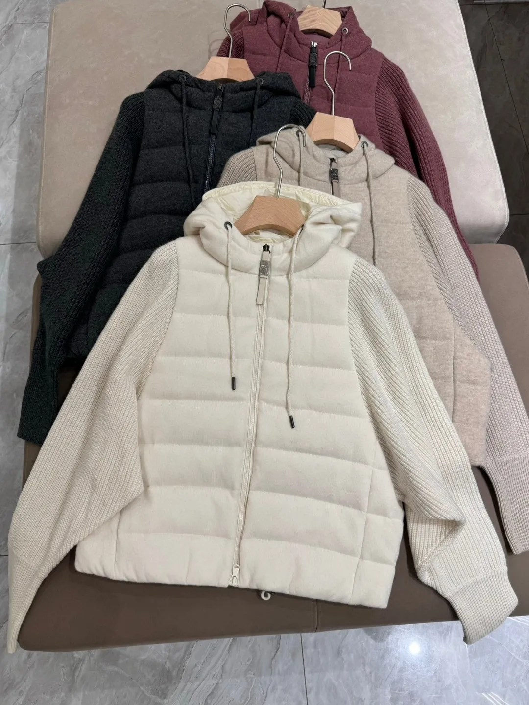 Luxurious high quality hooded  goose down cashmere knitted sleeves coat