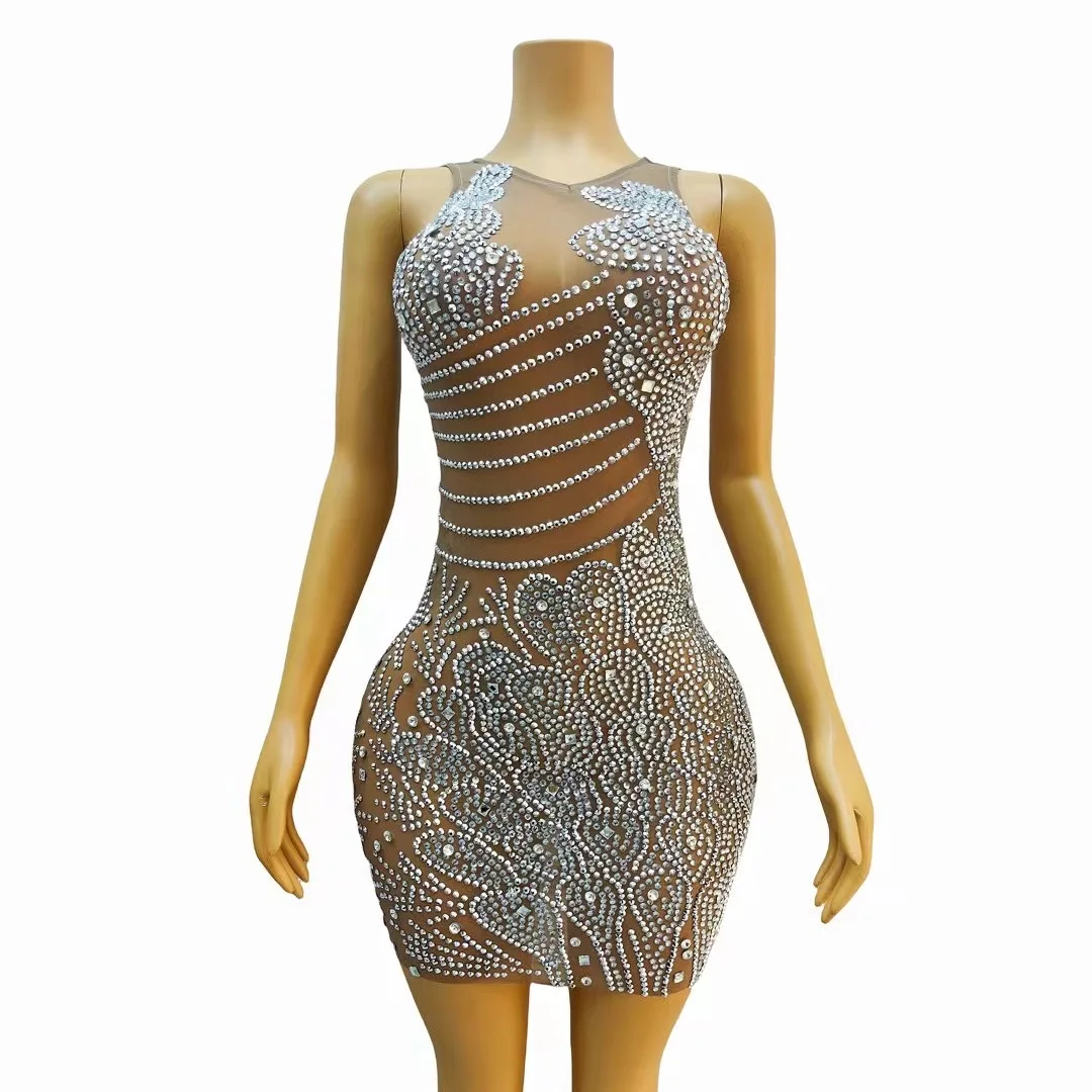 

Sparkly Silver Rhinestones Sleeveless Mesh Short Dress Women Diamonds Outfit Nightclub Dancer Wear Birthday Photo Shoot Dress