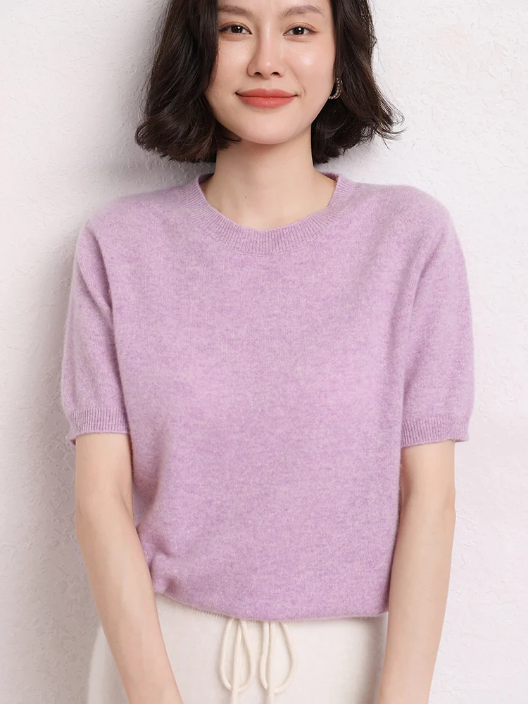 

Женский свитер-футболка TLOML из 100% кашемира, с круглым вырезом, коротким рукавом, однотонный пуловер, кашемировый трикотаж, весна-осень, повседневные удобные топы