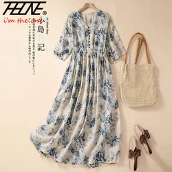 Dresses for Women Summer Casual Loose Print V Neck Short Sleeve Ropa de Mujer Pullover Robe Vestidos Cotton Vintage A-line Dress