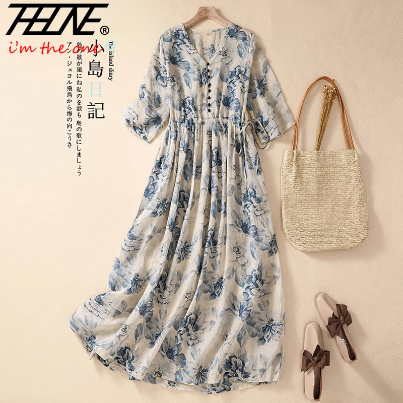 Dresses for Women Summer Casual Loose Print V Neck Short Sleeve Ropa de Mujer Pullover Robe Vestidos Cotton Vintage A-line Dress