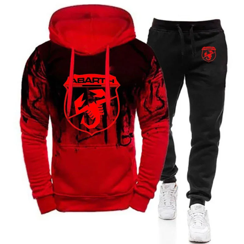 2024 Men New Abarth Gradient Color Tracksuit Sportwear Hooded Sweatshirt Tops + Pants Pullover Comfortable Casual Clothes Suit