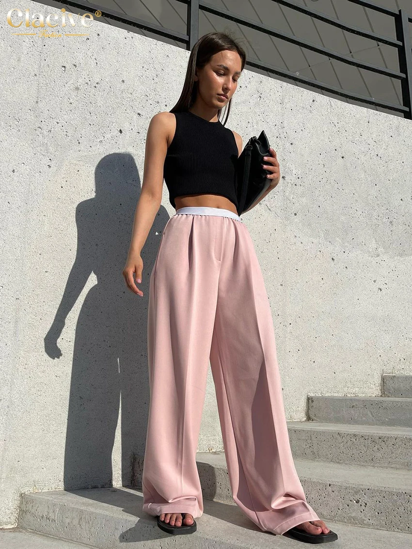 Clacive Fashion Loose Gray Pants For Women 2022 Casual Elastic Waist Wide Leg Trousers Lady Elegant Simple Office Woman Clothes