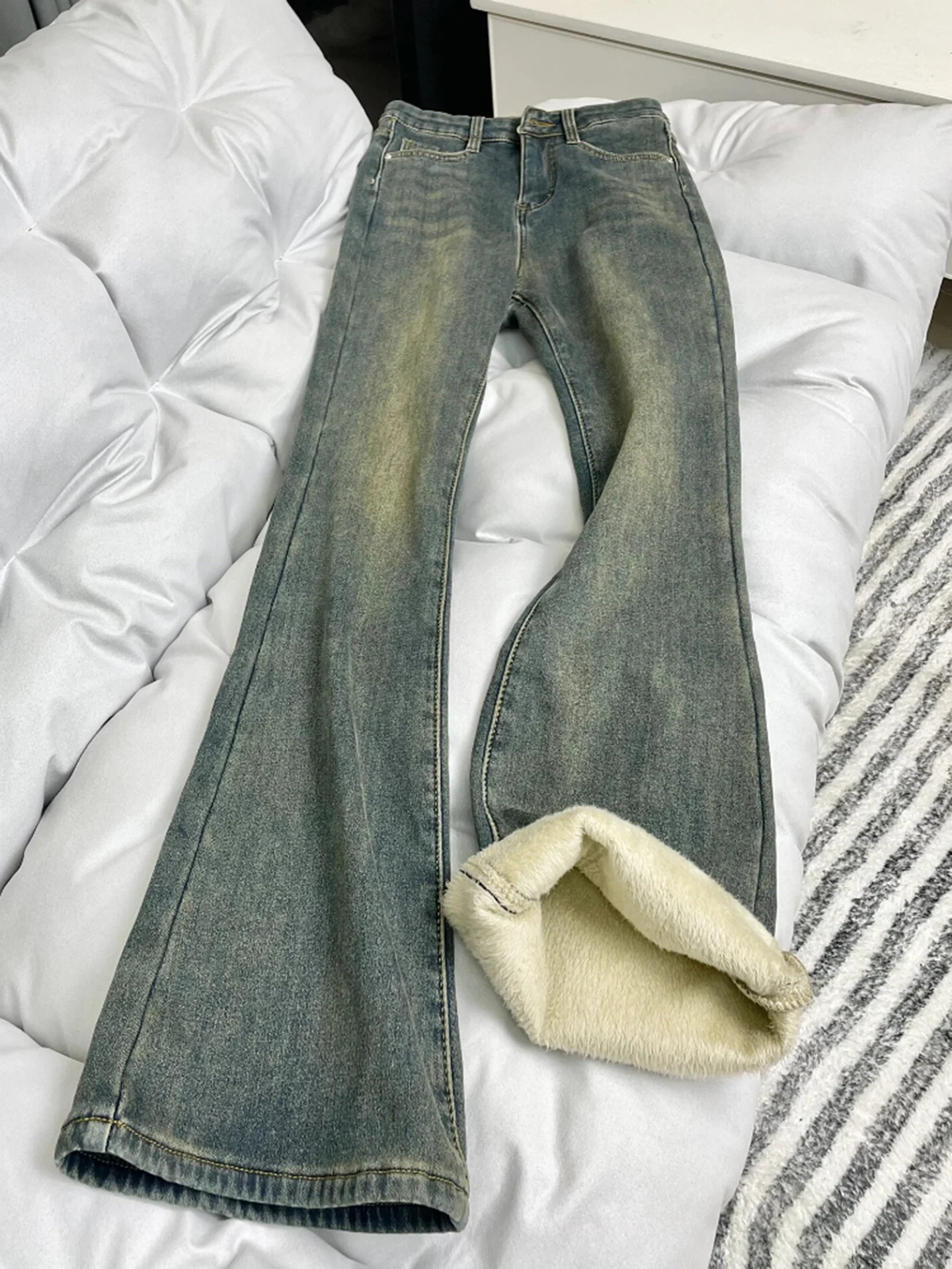 

Retro Blue Fce Lined Straight Leg Men's Jeans Winter American Sle Slim Fit Long Pants Low Waist Zipper Closure Youth Trend